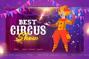 Shapito circus cartoon clown, website landing page - vector clipart