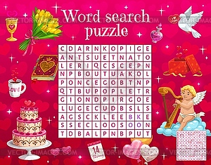 Wedding and Valentine Cupid, word search puzzle - vector clipart