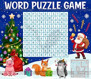 Christmas Santa and animals, word search puzzle - vector clipart