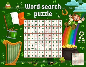 Word search puzzle game of leprechaun with gold - vector clipart
