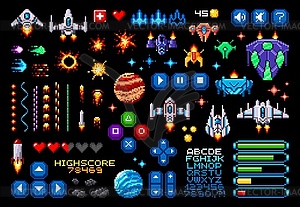 8-битный пиксельный игровой актив, космические планеты, ракеты - клипарт в векторе