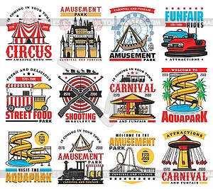 Amusement park icons, funfair carnival rides - vector clipart