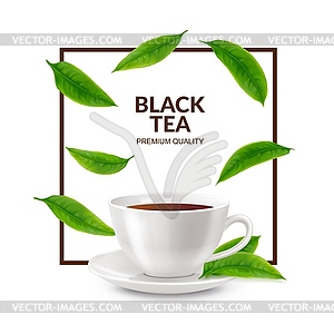 Realistic breakfast tea cup, falling green leaves - vector clip art