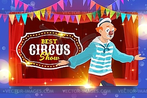 Shapito circus cartoon sailor clown, circus stage - vector clipart