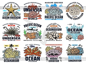 Coral, seafood, sea fish and animal icons - vector clip art