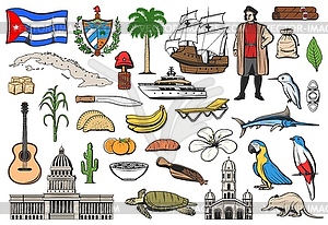 Cuba travel, Havana landmarks, sightseeing symbols - color vector clipart