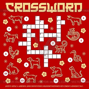 Chinese horoscope animals, crossword puzzle game - color vector clipart