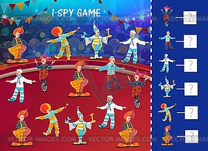 Kids I spy game, shapito circus clowns, performers - vector image