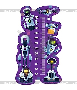 Kids height chart, growth measure cartoon robots - vector image