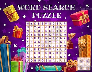 Birthday, Christmas gifts word search puzzle game - vector image