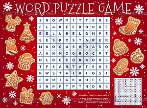 Christmas gingerbread cookies, word search game - vector clipart