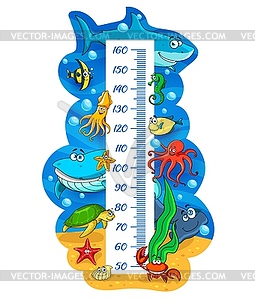 Kids height chart with cartoon sea animal and fish - vector image