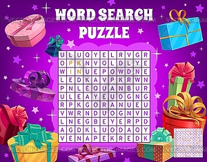 Christmas holiday gifts, word search puzzle game - vector clip art