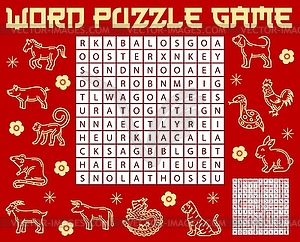 Chinese horoscope animals, word search puzzle game - vector clipart