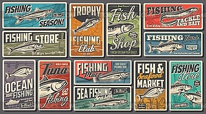 Ocean fishing club, seafood shop retro posters - royalty-free vector clipart