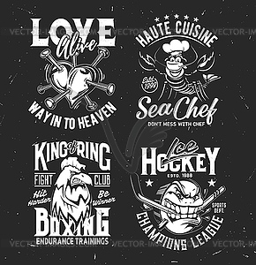 Tshirt prints with heart, lobster, cock and fish - vector image