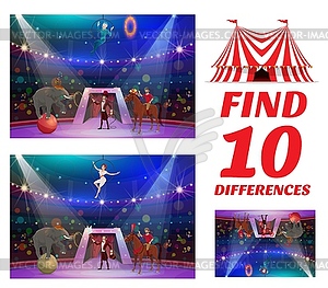 Kids riddle game, find differences shapito circus - vector image