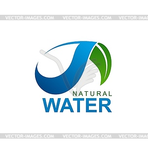 Natural water icon with dripping green leaf - vector image