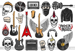 Rock music icons, guitars, loudspeaker, headphones - vector clip art