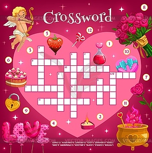 Love heart crossword with cake and hearts - vector image