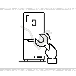 Fridge repair, adjustable wrench in hand outline - vector image