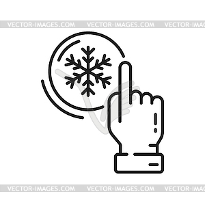 Snowflake and hand pointing on snow, outline icon - vector image