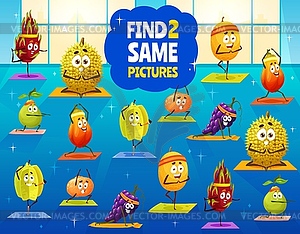 Find two same cartoon fruit characters, kids game - vector clipart