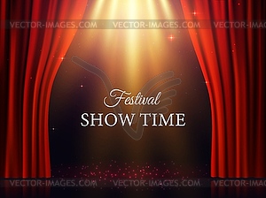 Realistic red curtains and stage with fairy glow - vector clipart