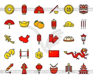 Chinese holiday, religion and national line icons - vector clipart