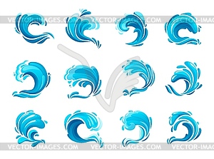 Tsunami ocean wave icons, sea storm blue waves - vector clip art