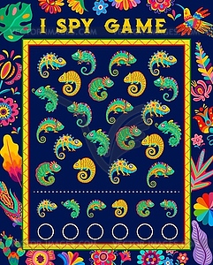 I spy game worksheet, cartoon Mexican chameleons - vector clipart