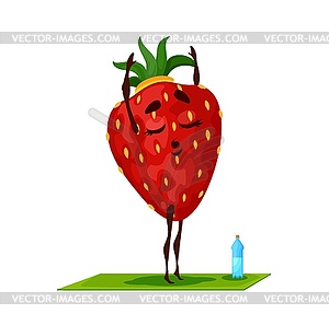 Cartoon strawberry fruit character, yoga exercise - vector clipart