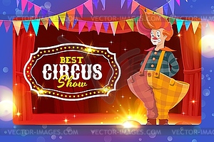 Shapito circus cartoon clown in trousers on stage - vector image