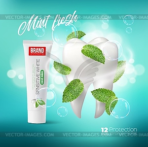 Green mint leaves swirl and toothpaste dental care - vector image