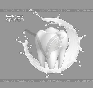 Белый круглый всплеск молочного вихря с зубом и каплями - векторный клипарт