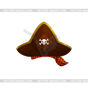 Brown filibuster pirate cap, tricorn cocked hat - vector image