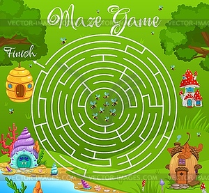 Labyrinth maze, swarm of bees find way to hive - vector clipart