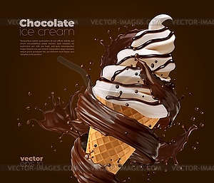 Chocolate soft serve ice cream with choco splash - vector clipart