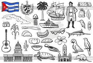 Cuba national symbols, cuisine and nature icons - vector image