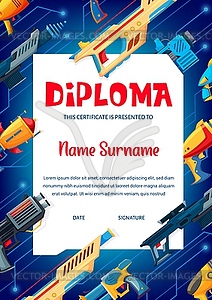 Kids diploma with blaster toy gun, handgun weapon - vector clipart