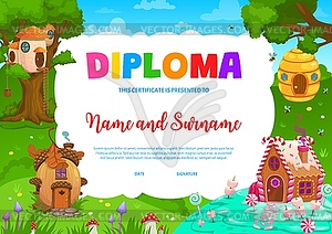 Kids diploma wiyh cartoon fairy houses frame - vector clipart