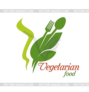 Vegetarian food icon of spoon, fork and green leaf - vector clip art