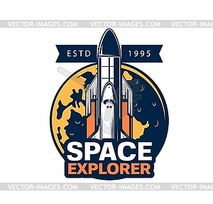 Spaceship icon, space explorer rocket to planets - vector image