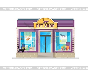 Pet care and food shop building, store facade - vector image