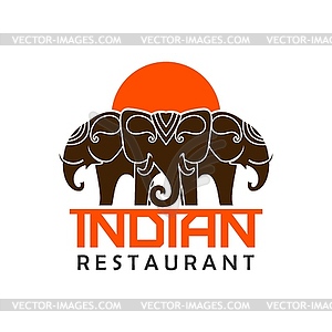 Indian restaurant icon, elephants with orange sun - vector image