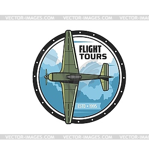 Flight tours and air travel round vintage icon - vector clip art