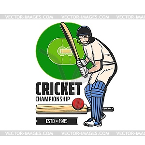 Cricket championship icon, player and field - vector clip art