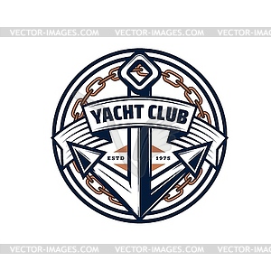 Yacht club icon, nautical anchor, sail ship chain - vector image