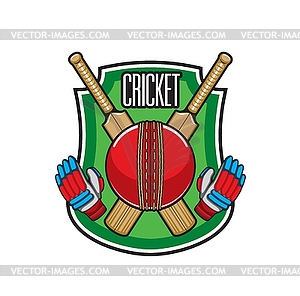 Cricket game icon with crossed bats, ball, gloves - vector clip art