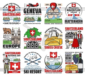 Switzerland culture, travel landmarks retro icons - vector image